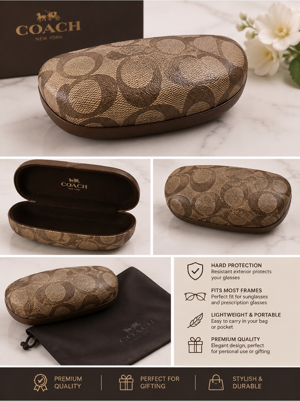 COACH Brown Signature Logo Hard Glasses Case